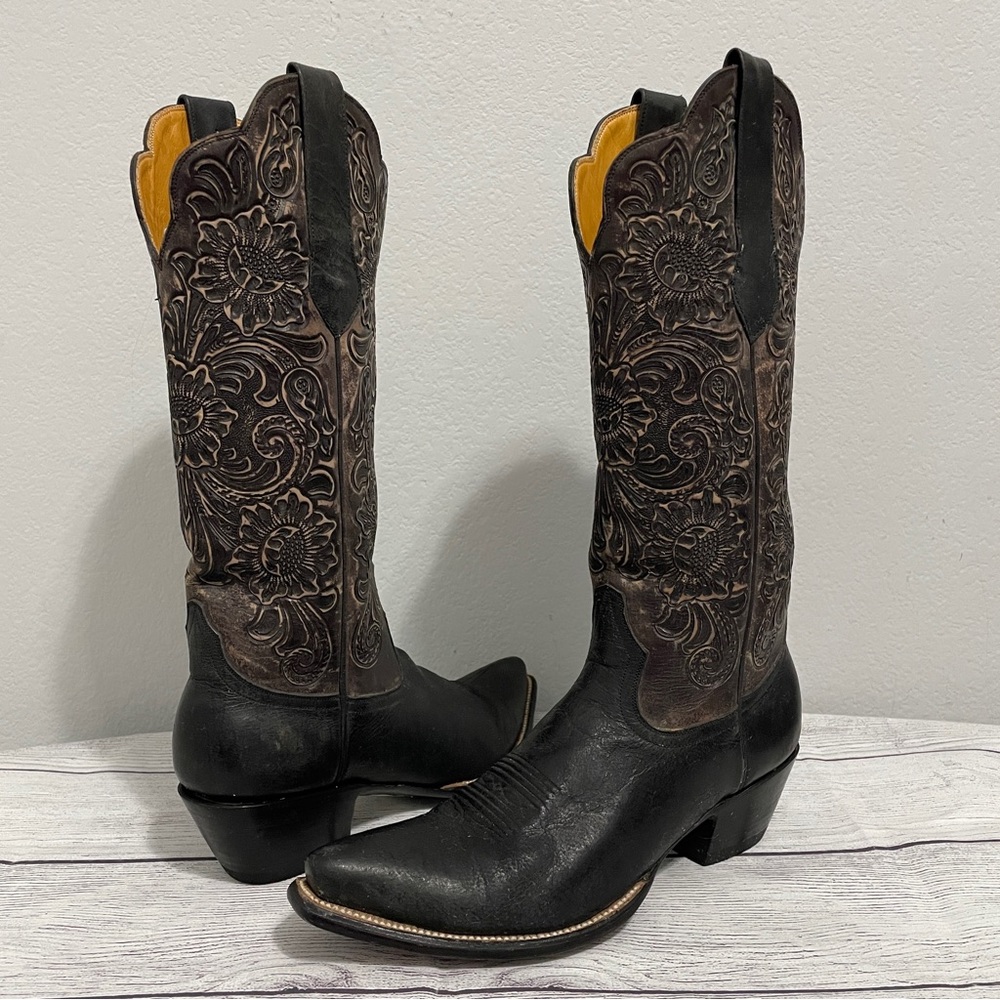Leddy Vaquero Boots Western Tall Tooled Leather Black Dress Dancing Womens 9 B - Picture 12 of 12